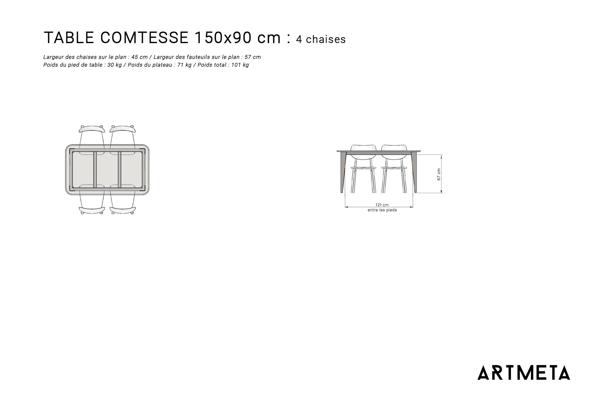 Table en céramique 150x90 cm 4 à 6 personnes