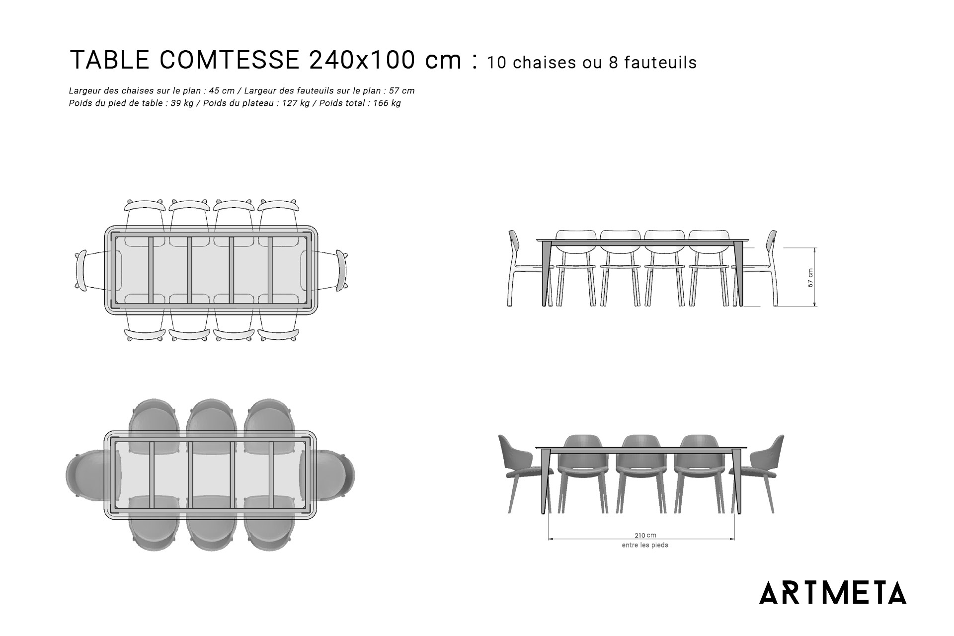 Table en céramique 240x100 cm 10 personnes