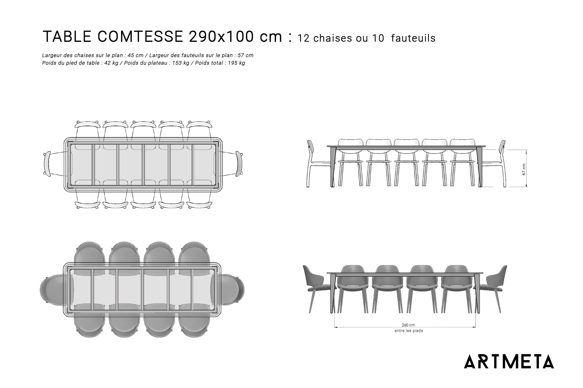 Table en céramique 290x100 cm 10 à 12 personnes