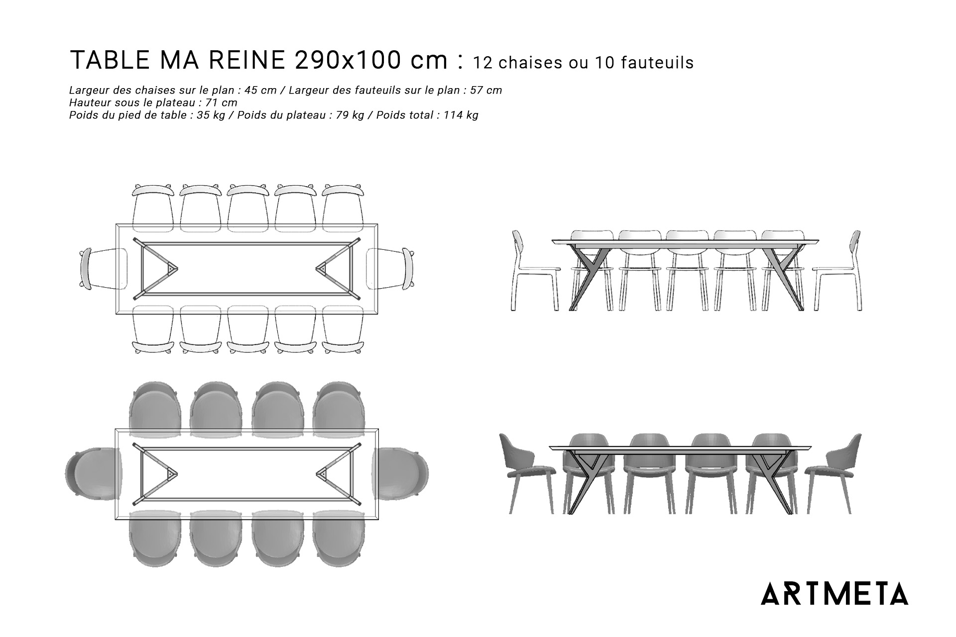 Table bois MA REINE 290x100 plans avec chaises et fauteuils