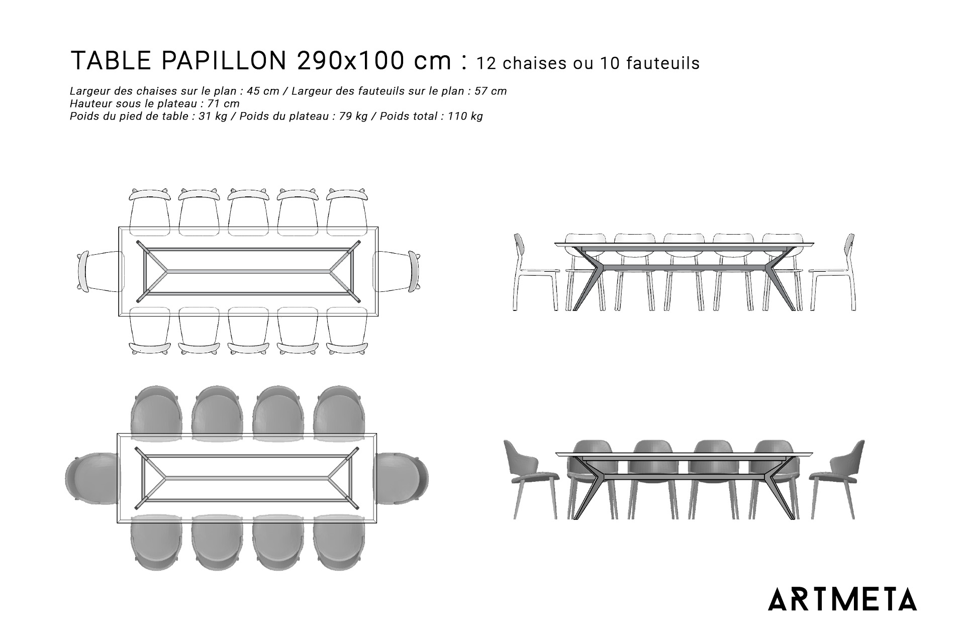 Table bois PAPILLON bois 290x100 plans avec chaises et fauteuils