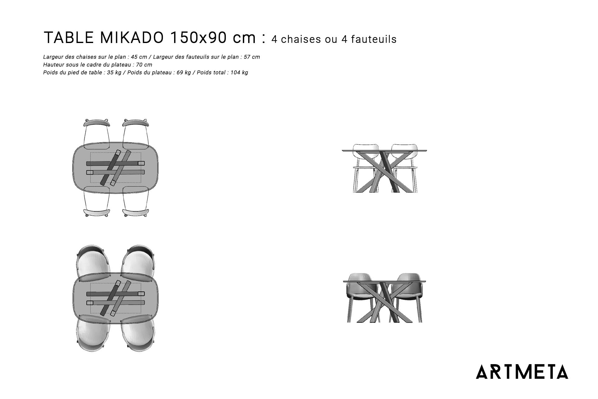 Table ceramique Mikado 150x90 plans avec chaises et fauteuils