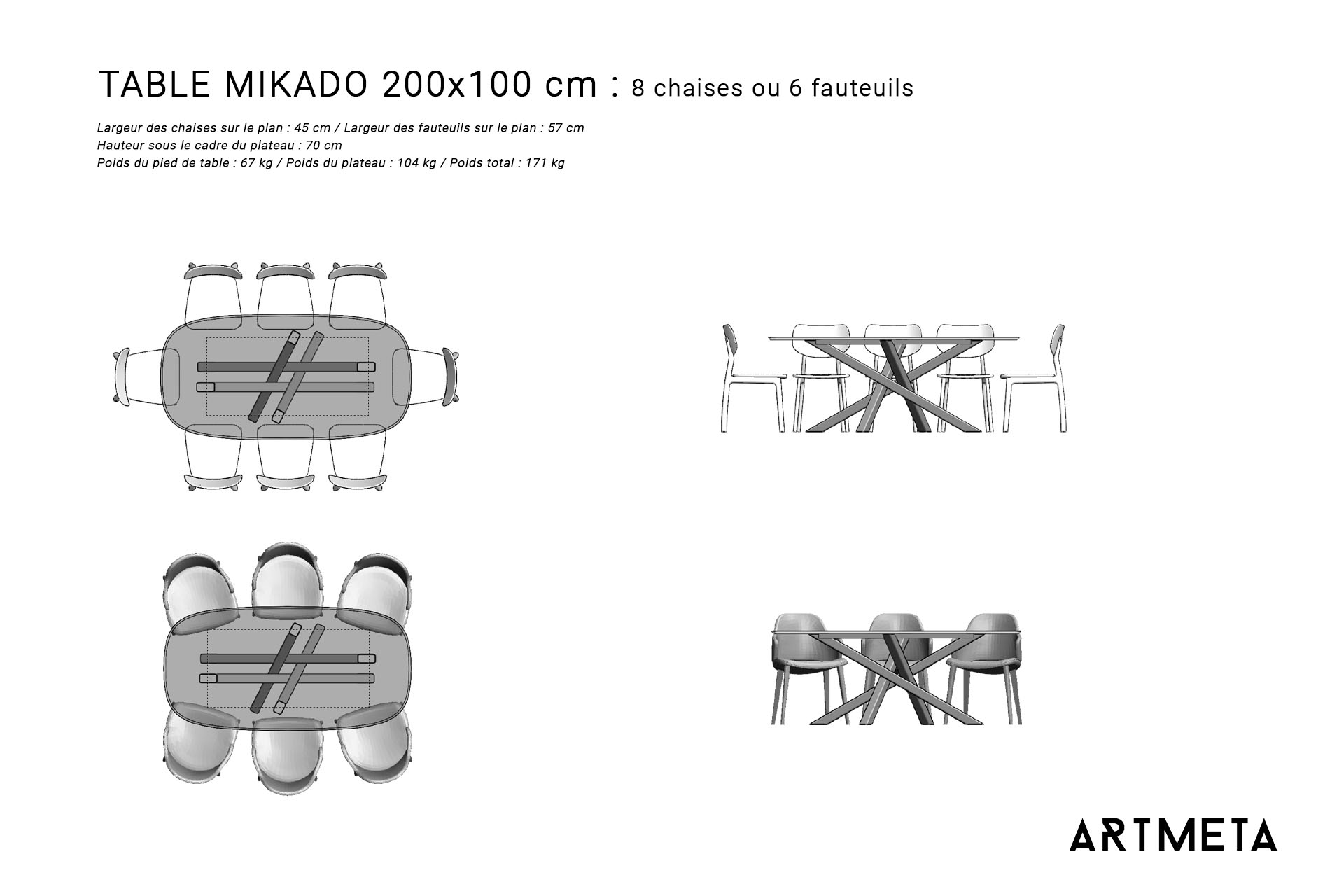 Table ceramique Mikado 200x100 plans avec chaises et fauteuils