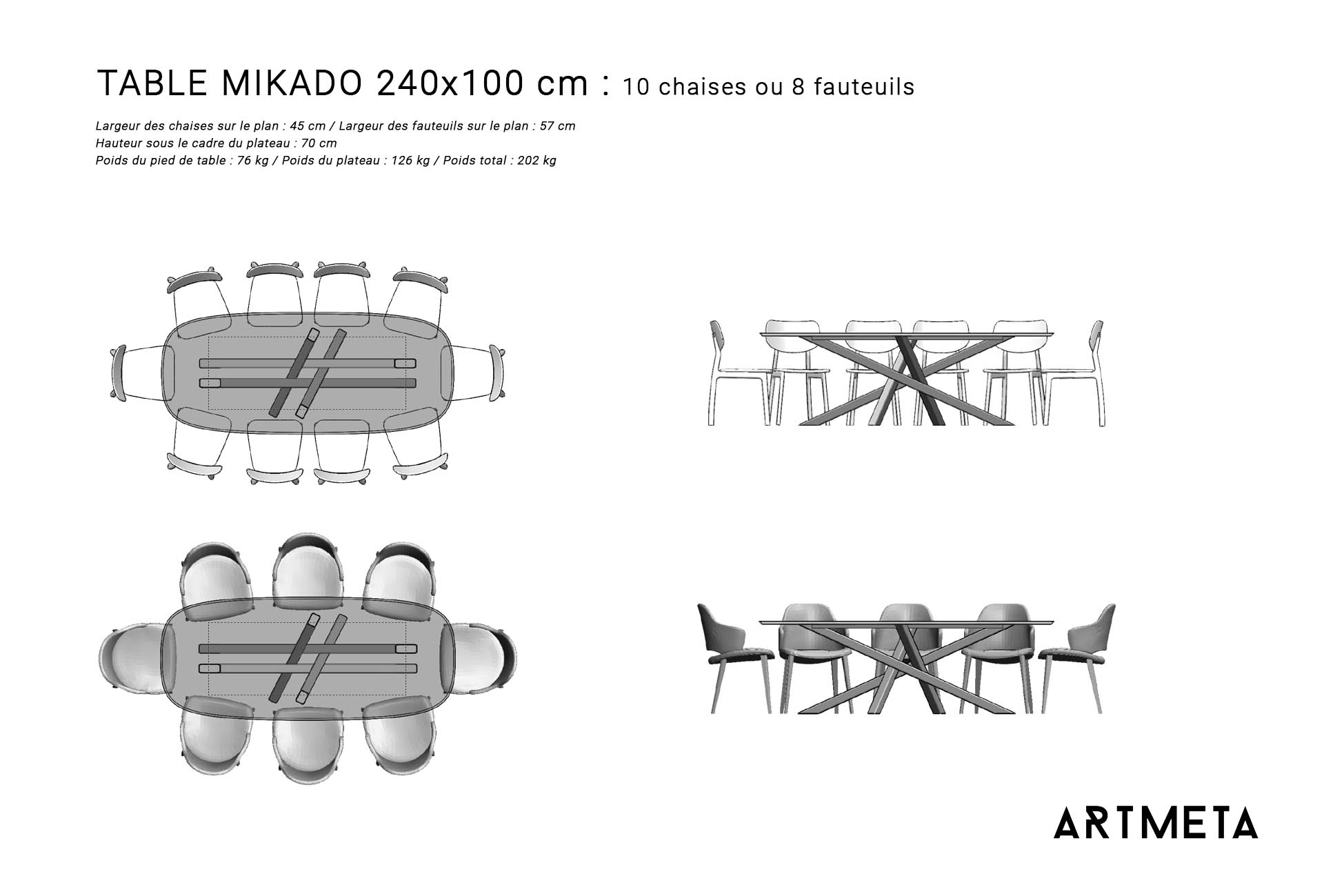 Table ceramique Mikado 240x100 plans avec chaises et fauteuils